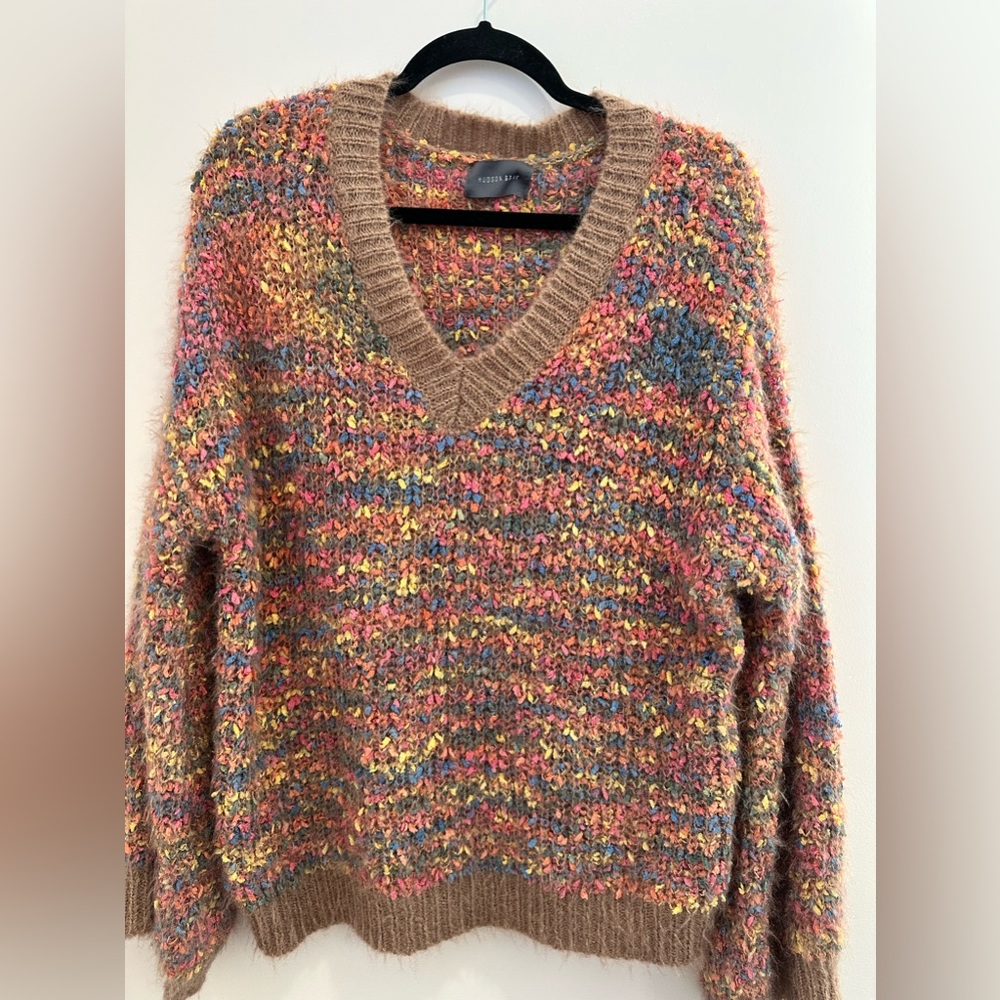Hudson Gray V Neck Balloon Sleeve Confetti Color Sweater, Size: Small